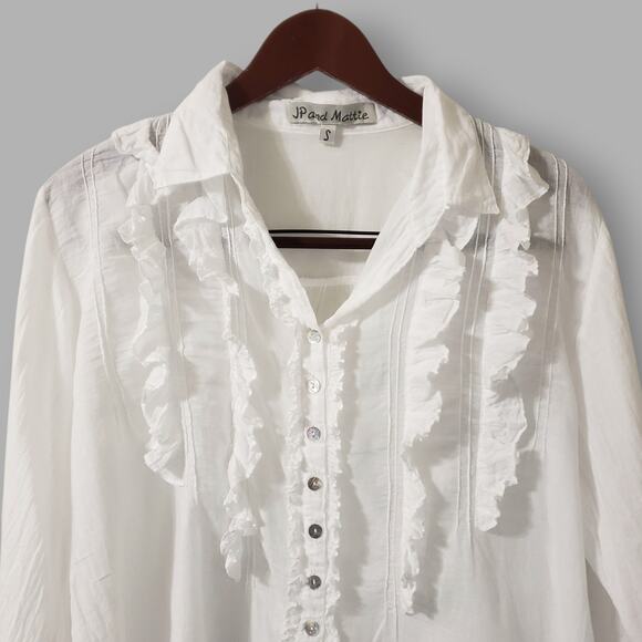 JP and Mattie Cascade Ruffle Shirt Blouse White Sz Small Cottage Regency Romance - Picture 2 of 14